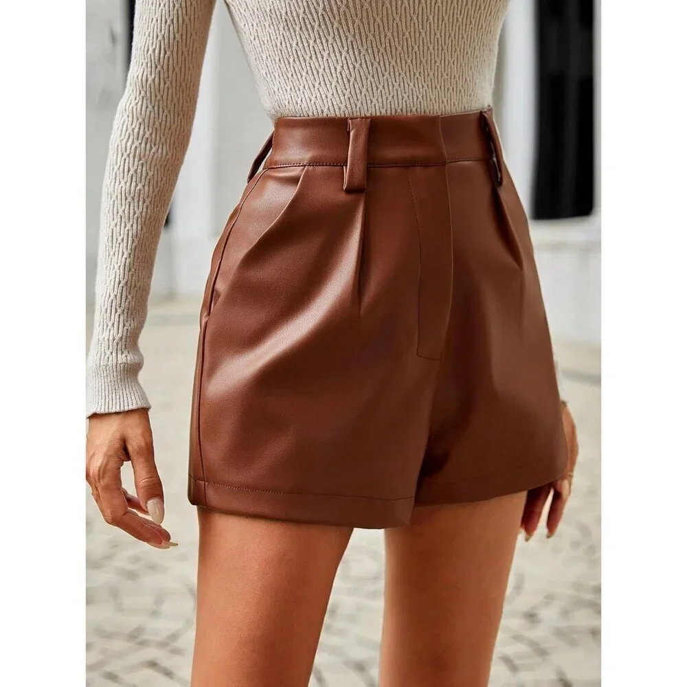 Women's Brown Pu Leather High Waisted Pleated Wide Leg Dressy Shorts